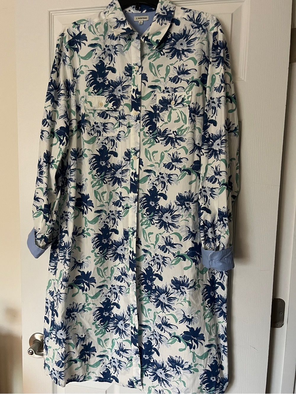 J. PETERMAN Painterly Botanical Abstract Cotton Button Up Shirt Dress Sz 18